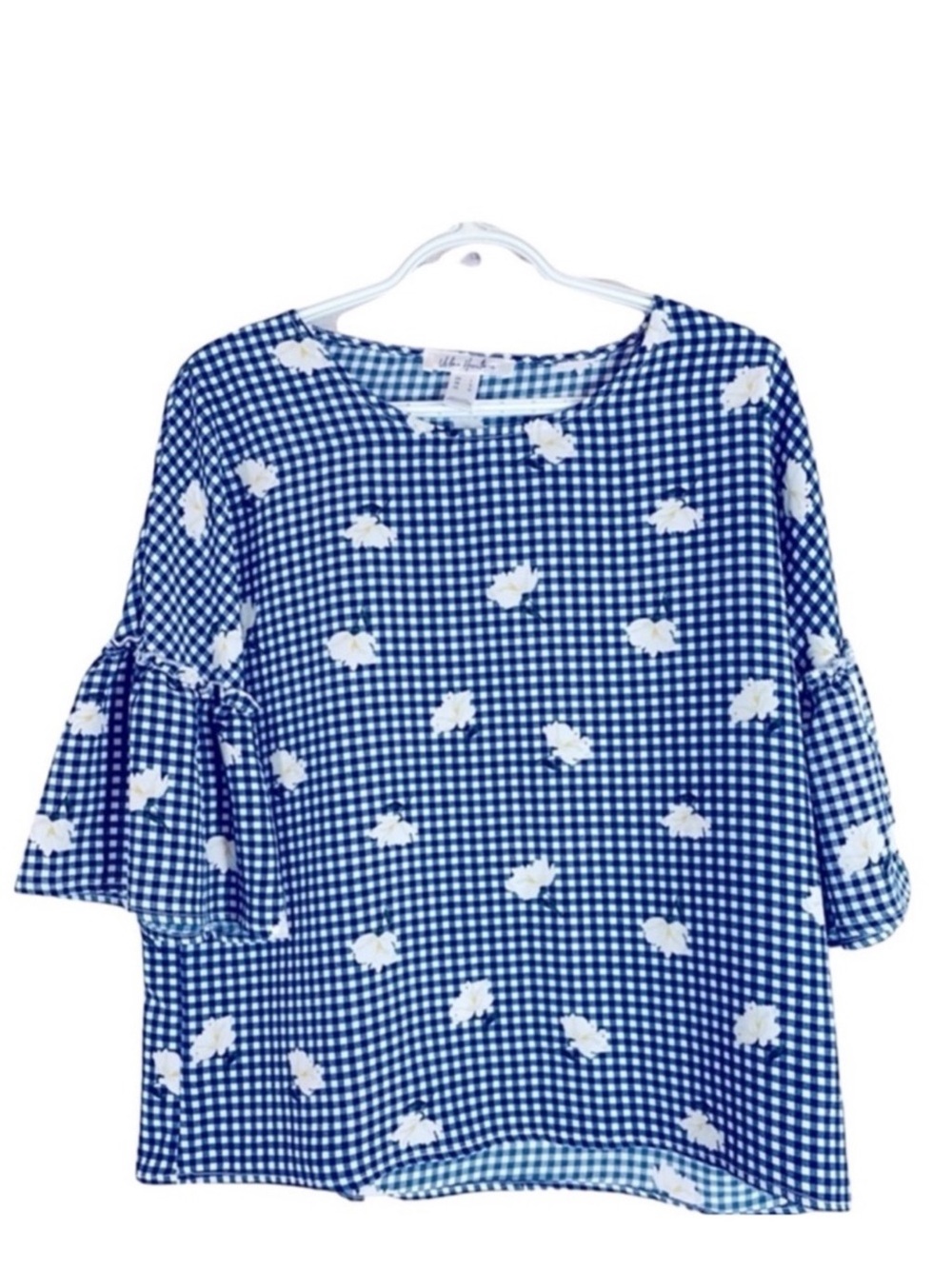 Blue Gingham Floral Bell-Sleeve Top - Women Large
